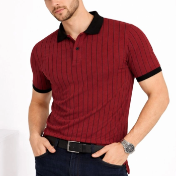 Erkek Polo Yaka Çizgili Tişört Kısa Kol Düğmeli Yazlık T-Shirt - Bordo
