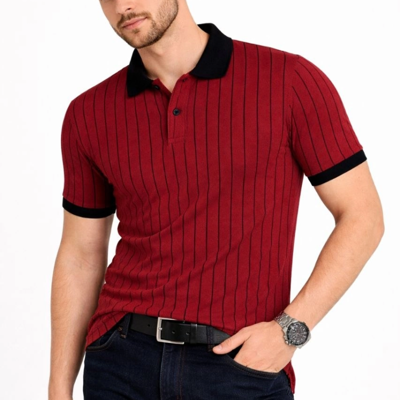 Erkek Polo Yaka Çizgili Tişört Kısa Kol Düğmeli Yazlık T-Shirt - Bordo