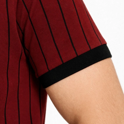 Erkek Polo Yaka Çizgili Tişört Kısa Kol Düğmeli Yazlık T-Shirt - Bordo