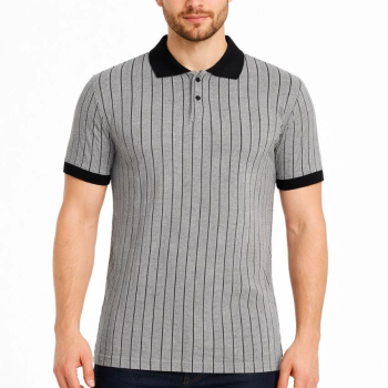 Erkek Polo Yaka Çizgili Tişört Kısa Kol Düğmeli Yazlık T-Shirt - Gri