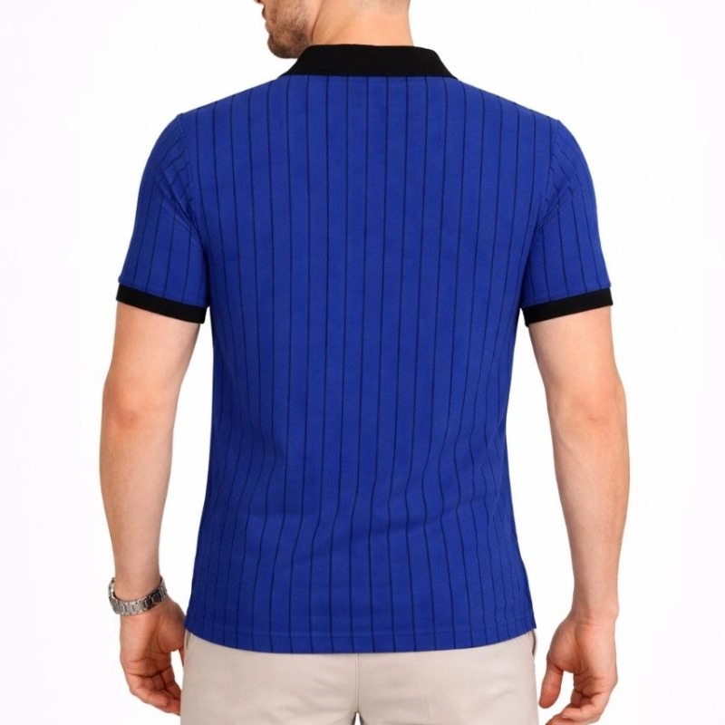 Erkek Polo Yaka Çizgili Tişört Kısa Kol Düğmeli Yazlık T-Shirt - Saks Mavisi