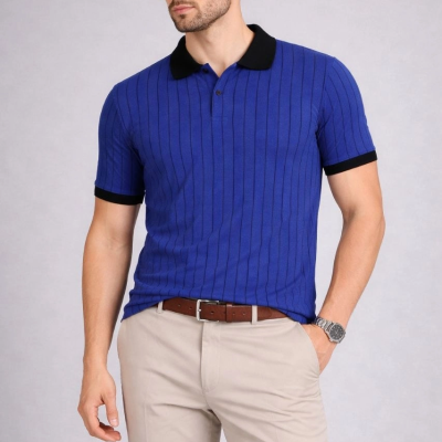 Erkek Polo Yaka Çizgili Tişört Kısa Kol Düğmeli Yazlık T-Shirt - Saks Mavisi