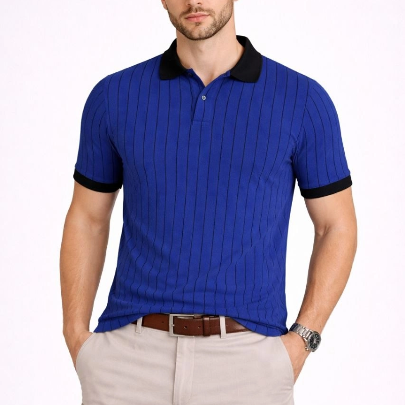 Erkek Polo Yaka Çizgili Tişört Kısa Kol Düğmeli Yazlık T-Shirt - Saks Mavisi