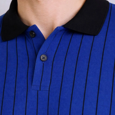 Erkek Polo Yaka Çizgili Tişört Kısa Kol Düğmeli Yazlık T-Shirt - Saks Mavisi