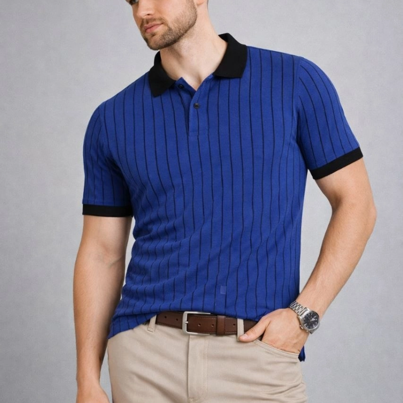 Erkek Polo Yaka Çizgili Tişört Kısa Kol Düğmeli Yazlık T-Shirt - Saks Mavisi