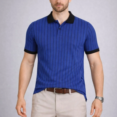 Erkek Polo Yaka Çizgili Tişört Kısa Kol Düğmeli Yazlık T-Shirt - Saks Mavisi