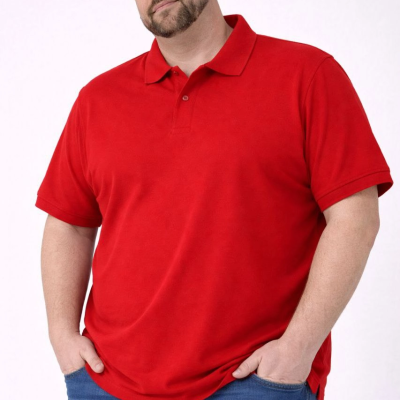 Erkek Polo Yaka Düğmeli Pike Kumaş Battal Beden Kısa Kol Tişört T-Shirt - Kırmızı