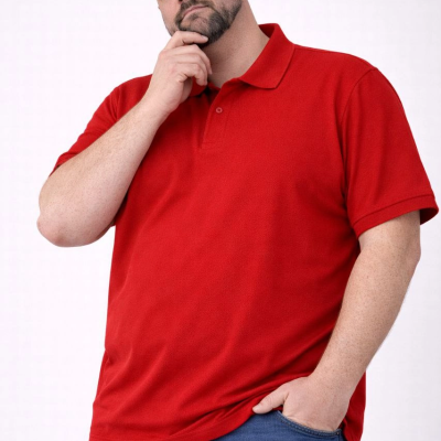 Erkek Polo Yaka Düğmeli Pike Kumaş Battal Beden Kısa Kol Tişört T-Shirt - Kırmızı