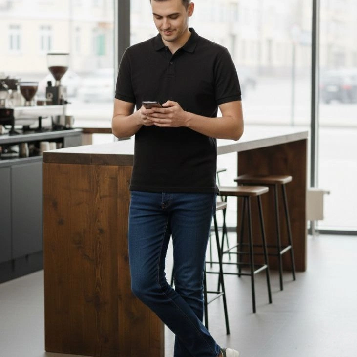 Erkek Polo Yaka Düğmeli Pike Kumaş Tişört Regular Fit Kısa Kol T-Shirt - Siyah