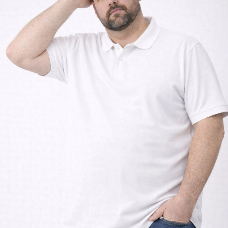 Erkek Polo Yaka Düğmeli Tişört Pike Kumaş Battal Beden Kısa Kol T-Shirt - Beyaz