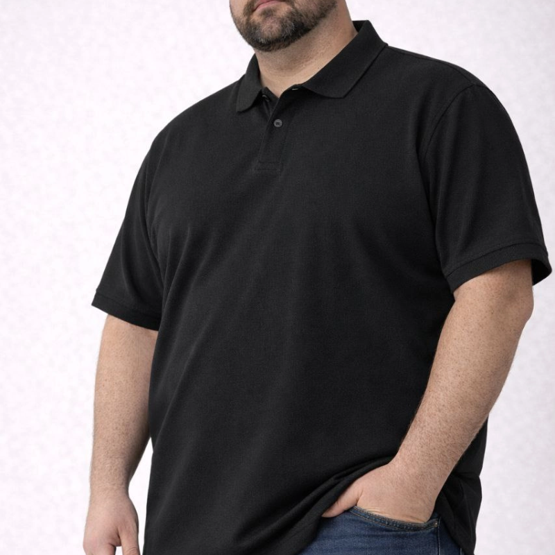 Erkek Polo Yaka Düğmeli Tişört Pike Kumaş Battal Beden Kısa Kol T-Shirt - Siyah