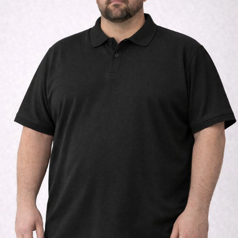 Erkek Polo Yaka Düğmeli Tişört Pike Kumaş Battal Beden Kısa Kol T-Shirt - Siyah