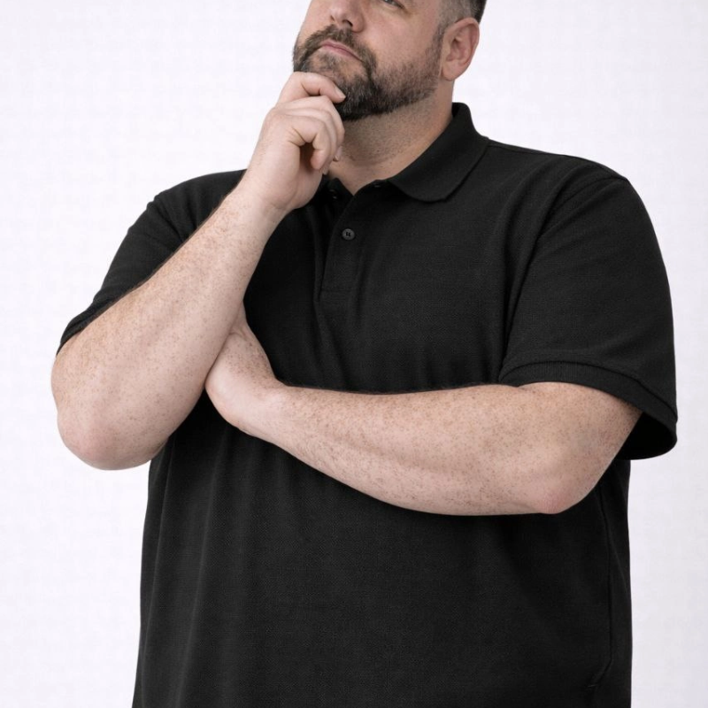 Erkek Polo Yaka Düğmeli Tişört Pike Kumaş Battal Beden Kısa Kol T-Shirt - Siyah