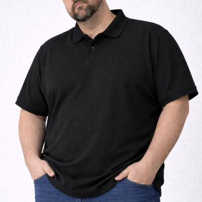 Erkek Polo Yaka Düğmeli Tişört Pike Kumaş Battal Beden Kısa Kol T-Shirt - Siyah