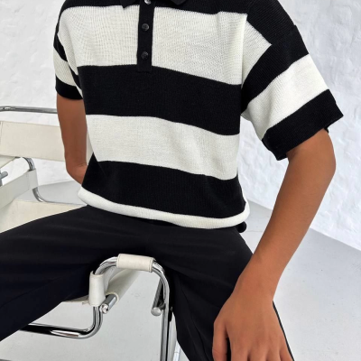 Erkek Polo Yaka Düğmeli Triko T-Shirt - Siyah