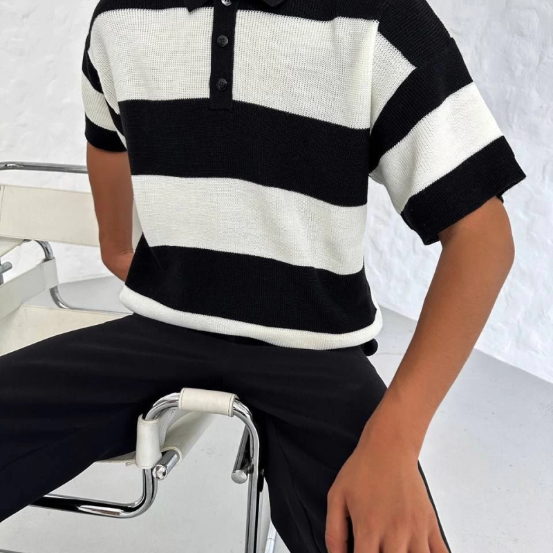 Erkek Polo Yaka Düğmeli Triko T-Shirt - Siyah