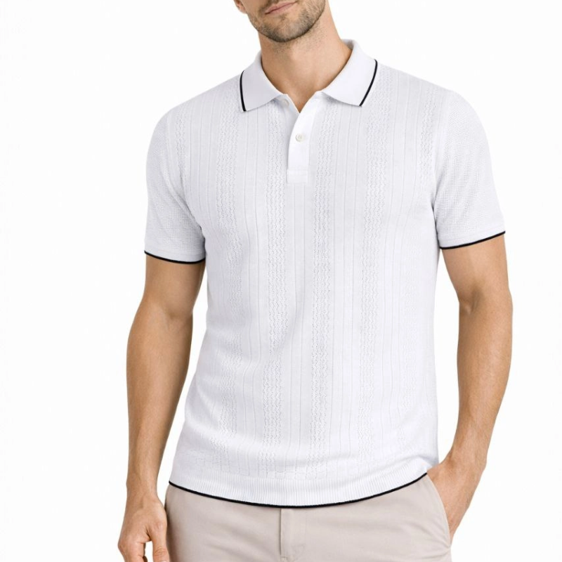 Erkek Polo Yaka Düğmeli Triko Tişört Yazlık Dokuma Regular Fit T-Shirt - Beyaz