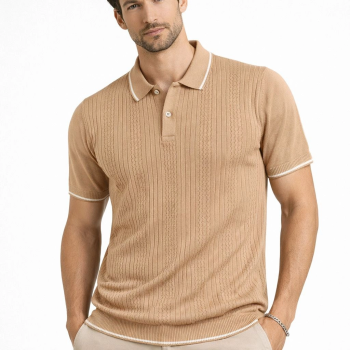 Erkek Polo Yaka Düğmeli Triko Tişört Yazlık Dokuma Regular Fit T-Shirt - Kahverengi