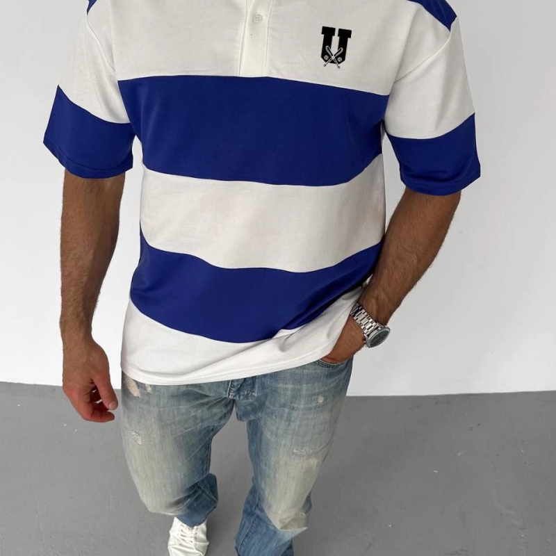 Erkek Polo Yakalı Tişört Kısa Kol Parçalı ve Baskılı T-shirt - Mavi