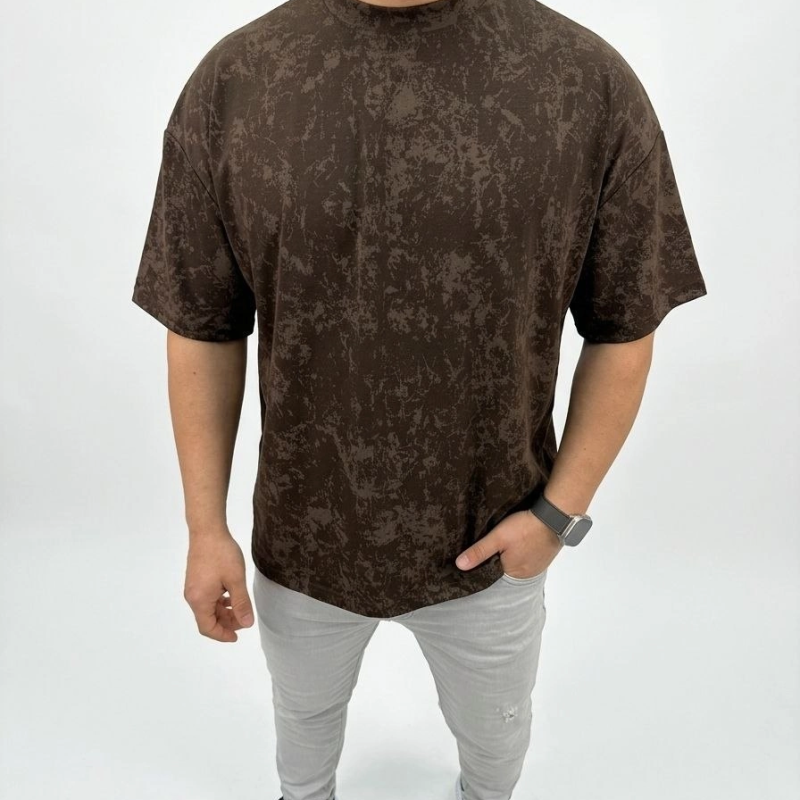 Erkek Premium Tişört OSY Yumuşak Dokulu Yıkamalı Oversize T-Shirt - Kahverengi