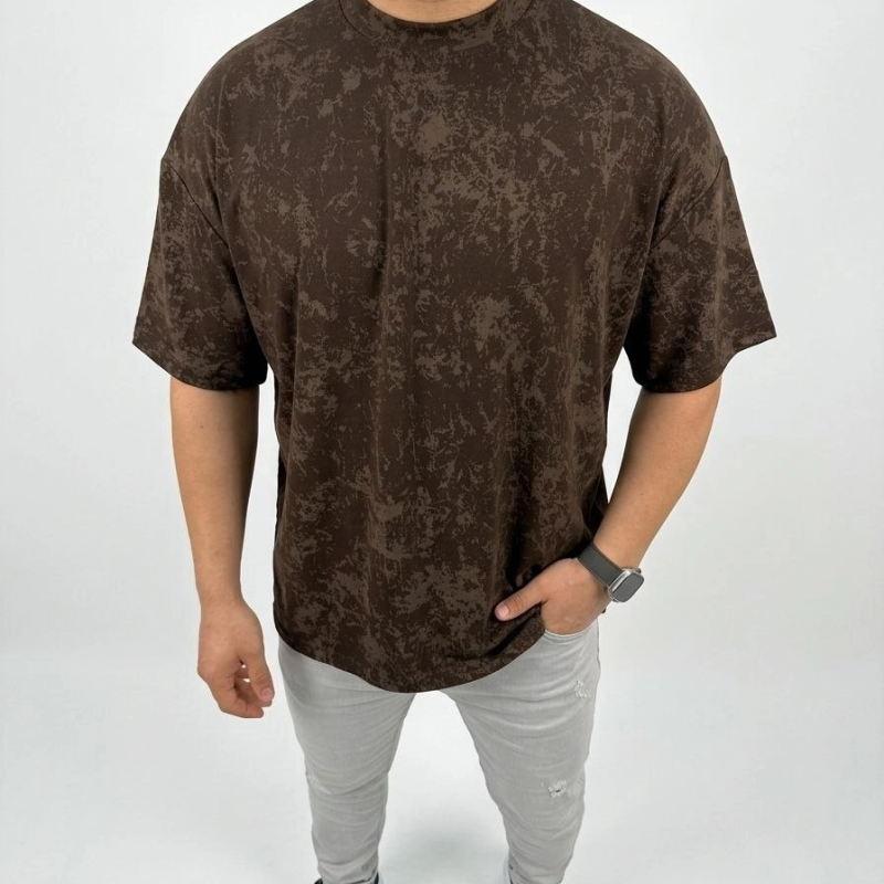 Erkek Premium Tişört OSY Yumuşak Dokulu Yıkamalı Oversize T-Shirt - Kahverengi