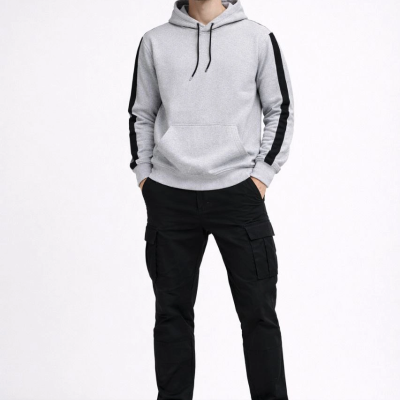 Erkek Şeritli Kapüşonlu Oversize Sweatshirt 3 iplik Pamuklu hoodie - Beyaz