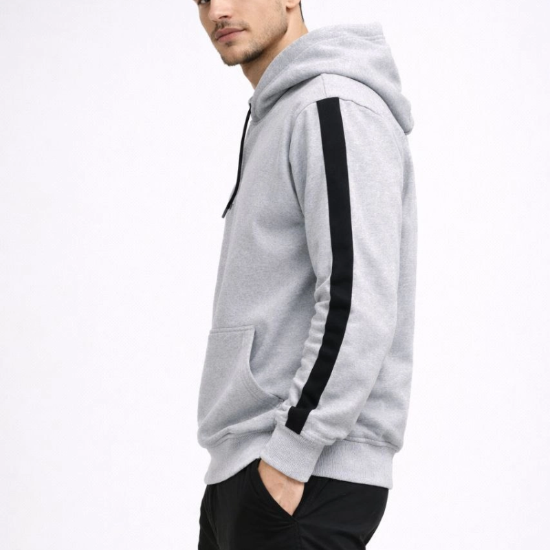 Erkek Şeritli Kapüşonlu Oversize Sweatshirt 3 iplik Pamuklu hoodie - Beyaz