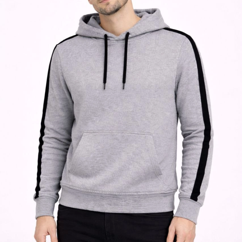 Erkek Şeritli Kapüşonlu Sweatshirt Oversize 3 iplik Pamuklu - Gri