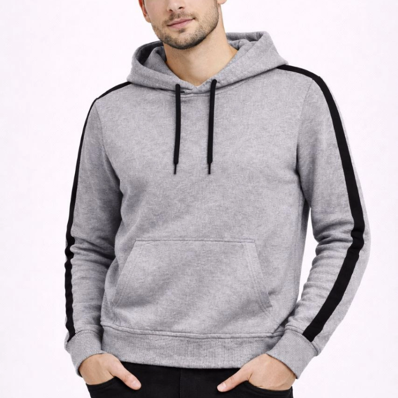 Erkek Şeritli Kapüşonlu Sweatshirt Oversize 3 iplik Pamuklu - Gri