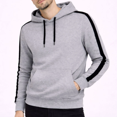 Erkek Şeritli Kapüşonlu Sweatshirt Oversize 3 iplik Pamuklu - Gri