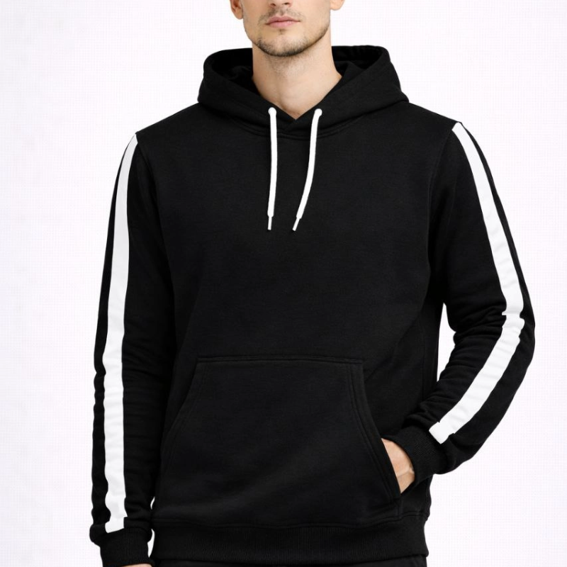 Erkek Şeritli Kapüşonlu Sweatshirt Oversize 3 iplik Pamuklu Hoodie - Siyah