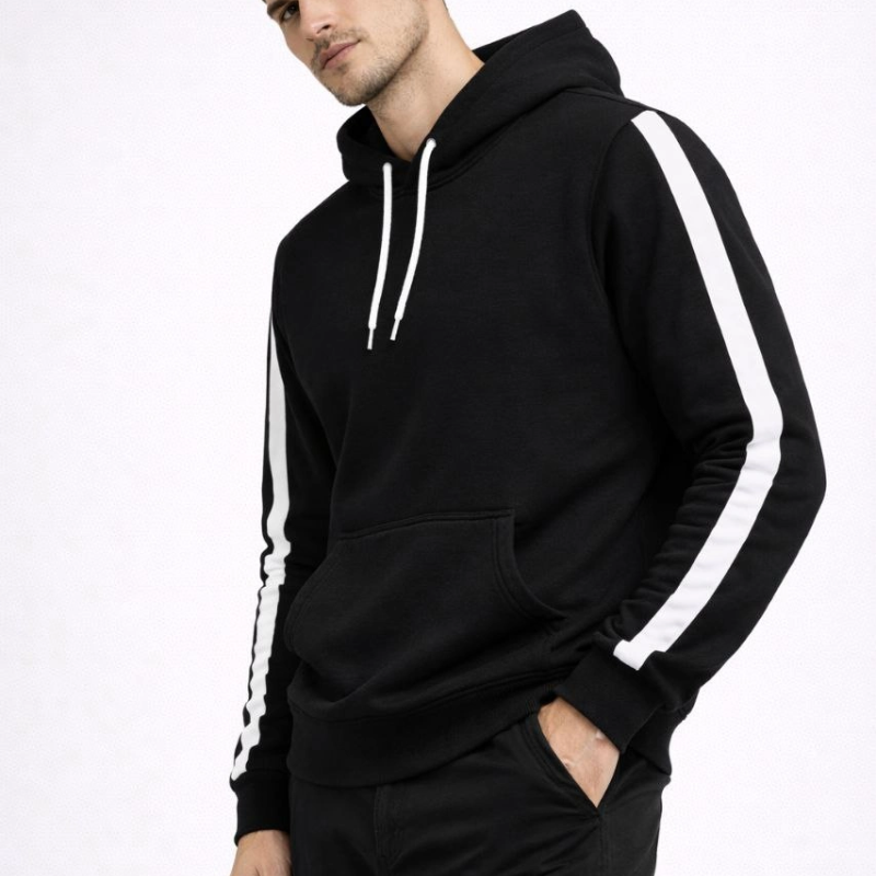 Erkek Şeritli Kapüşonlu Sweatshirt Oversize 3 iplik Pamuklu Hoodie - Siyah