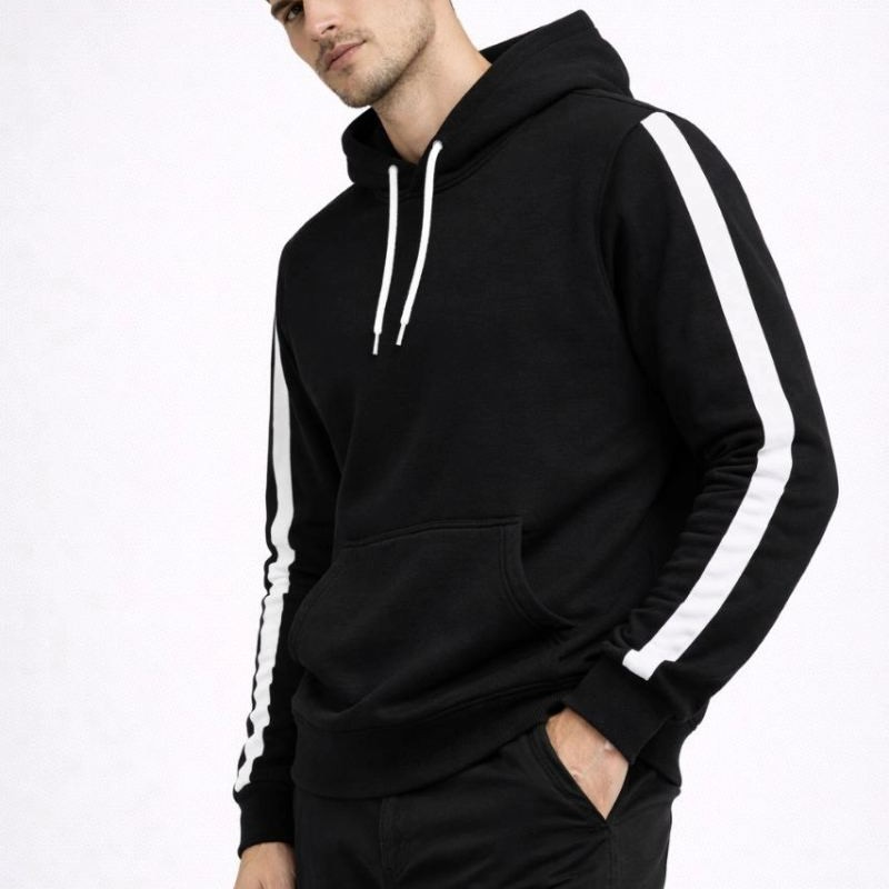 Erkek Şeritli Kapüşonlu Sweatshirt Oversize 3 iplik Pamuklu Hoodie - Siyah