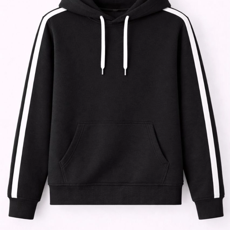 Erkek Şeritli Kapüşonlu Sweatshirt Oversize 3 iplik Pamuklu - Siyah