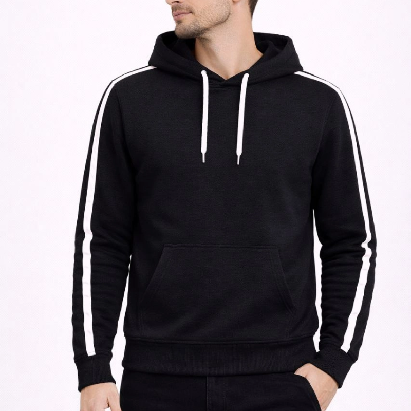 Erkek Şeritli Kapüşonlu Sweatshirt Oversize 3 iplik Pamuklu - Siyah