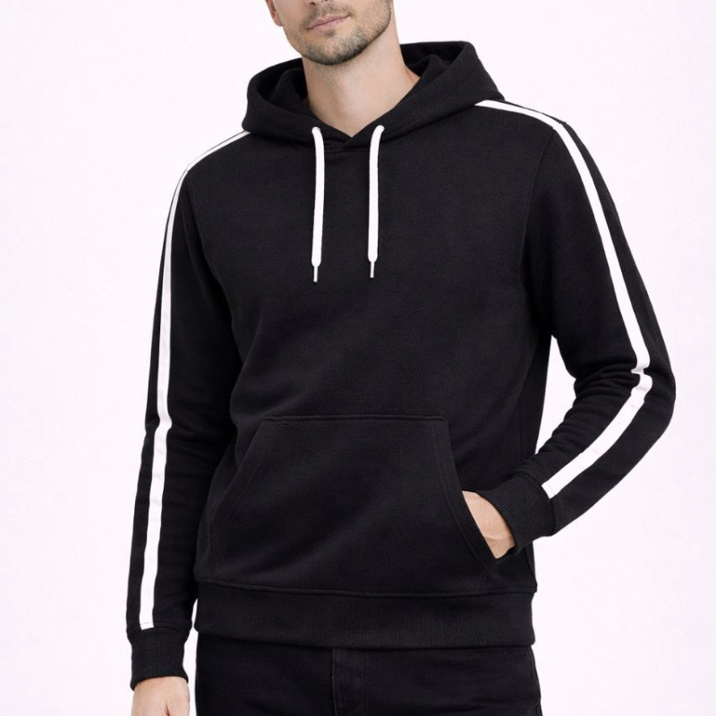 Erkek Şeritli Kapüşonlu Sweatshirt Oversize 3 iplik Pamuklu - Siyah