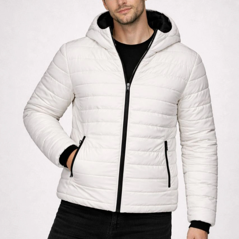 ERKEK Şişme Kapüşonlu Fermuarlı Mont Su İtici Kapitone Cepli Ceket - Krem