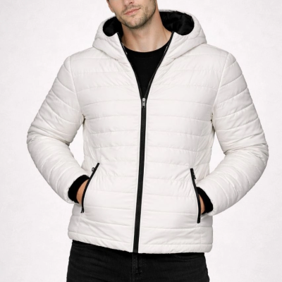 ERKEK Şişme Kapüşonlu Fermuarlı Mont Su İtici Kapitone Cepli Ceket - Krem