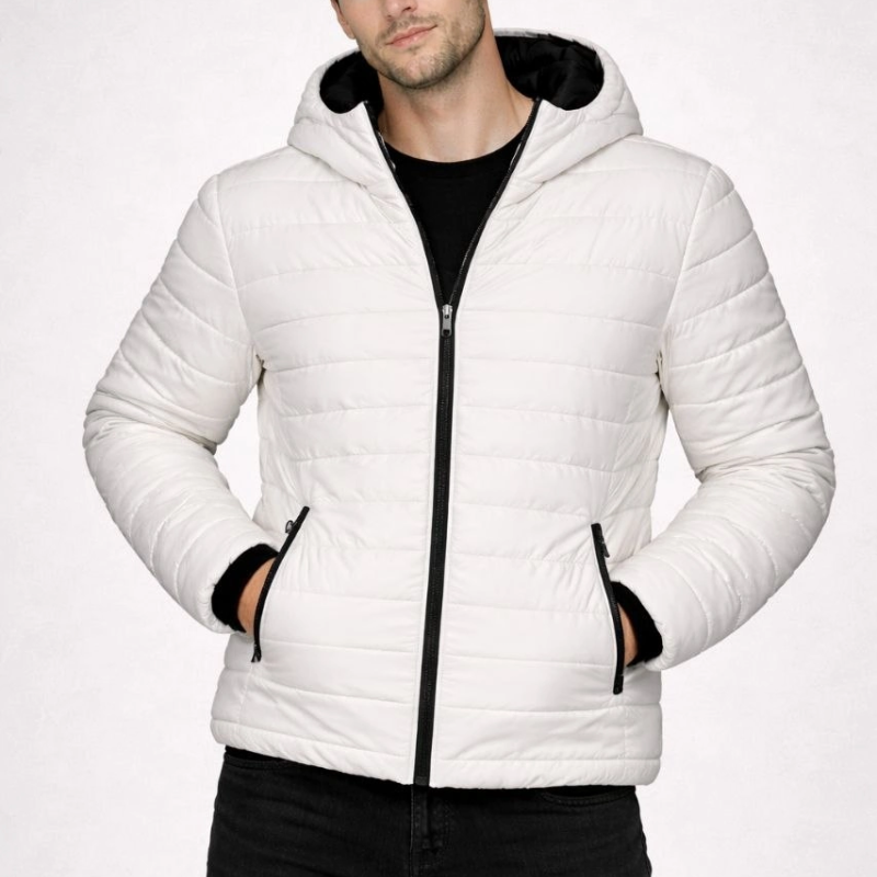 ERKEK Şişme Kapüşonlu Fermuarlı Mont Su İtici Kapitone Cepli Ceket - Krem