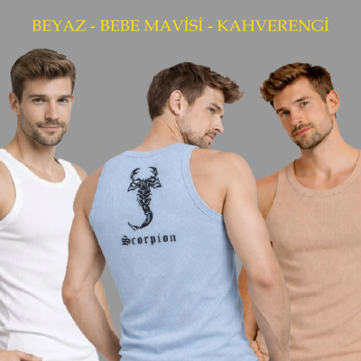 Erkek Spor Fitilli Kaşkorse Arka Basklı Atlet 3'lü Set Beyaz-Bebek Mavisi-Kahverengi