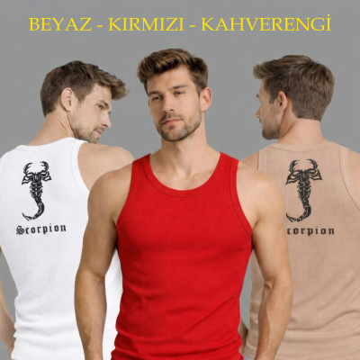 Erkek Spor Fitilli Kaşkorse Arka Basklı Atlet 3'lü Set Beyaz-Kırmızı-Kahverengi