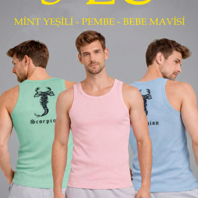 Erkek Spor Fitilli Kaşkorse Arka Basklı Atlet 3'lü Set Mint Yeşili-Pembe-Bebek Mavisi