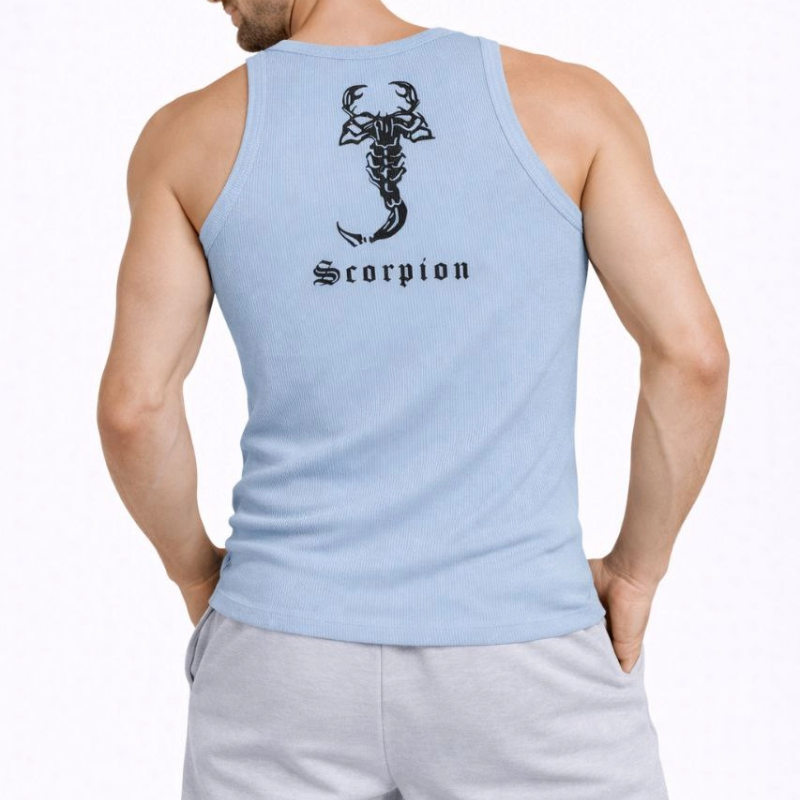 Erkek Spor Slimfit Fitilli Kaşkorse Arka Basklı Atlet 2'li Set Kahverengi-Bebek Mavisi