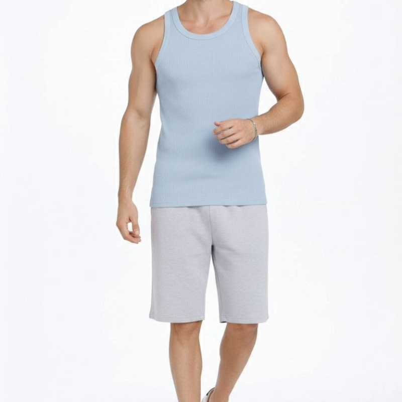 Erkek Spor Slimfit Fitilli Kaşkorse Arka Basklı Atlet 2'li Set Kahverengi-Bebek Mavisi