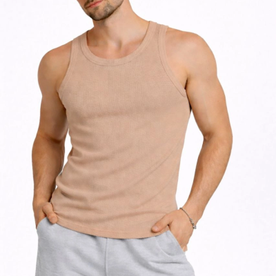 Erkek Spor Slimfit Fitilli Kaşkorse Arka Basklı Atlet 2'li Set Kahverengi-Bebek Mavisi