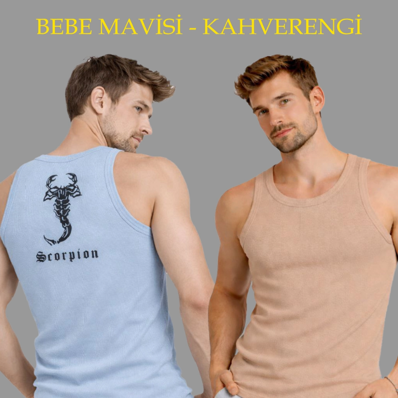 Erkek Spor Slimfit Fitilli Kaşkorse Arka Basklı Atlet 2'li Set Kahverengi-Bebek Mavisi