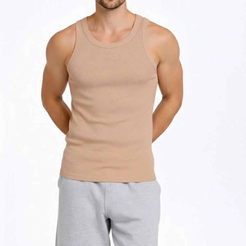 Erkek Spor Slimfit Fitilli Kaşkorse Arka Basklı Atlet 2'li Set Kahverengi-Beyaz