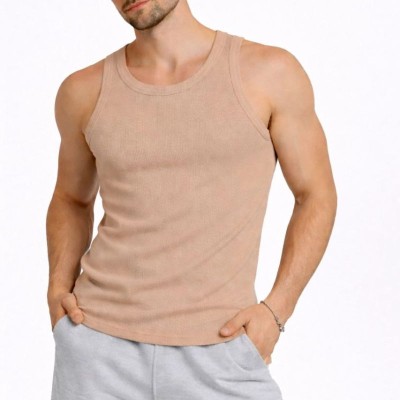 Erkek Spor Slimfit Fitilli Kaşkorse Arka Basklı Atlet 2'li Set Kahverengi-Beyaz