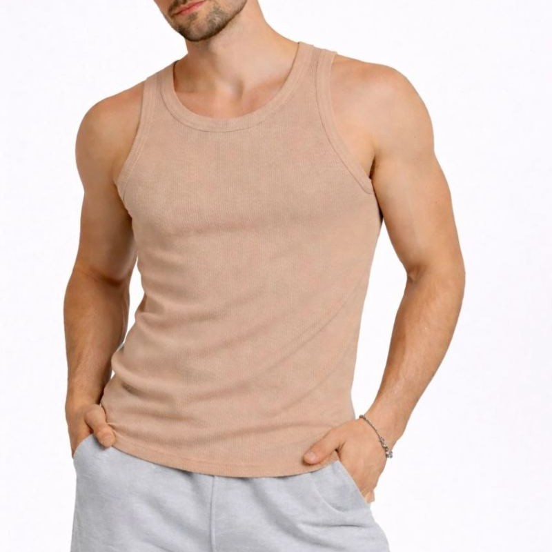 Erkek Spor Slimfit Fitilli Kaşkorse Arka Basklı Atlet 2'li Set Kahverengi-Beyaz