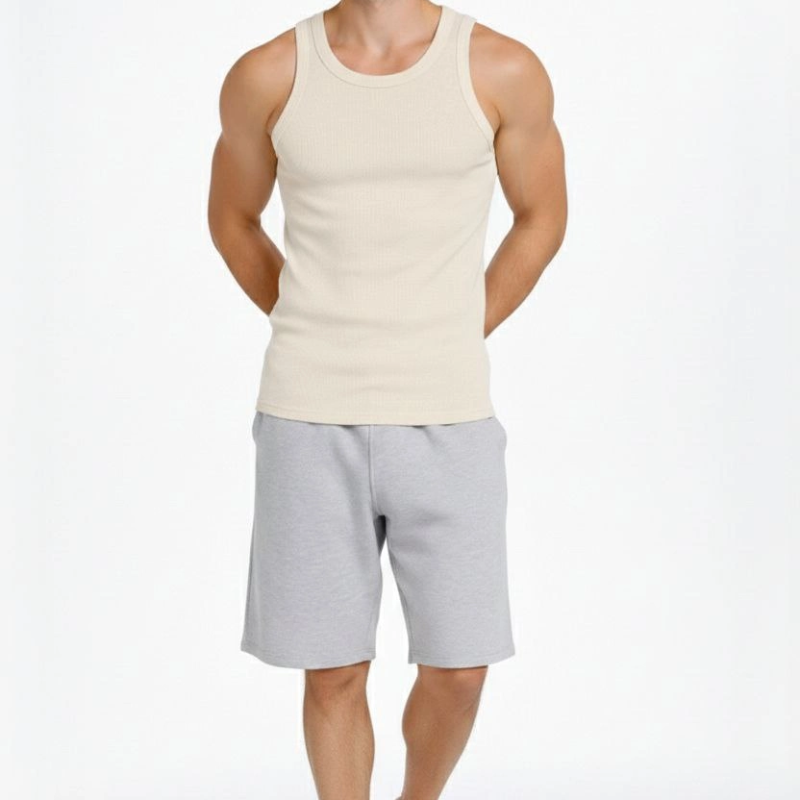 Erkek Spor Slimfit Fitilli Kaşkorse Arka Basklı Atlet 2'li Set Siyah-Bej